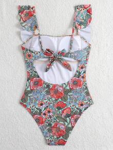 Swim Lushoire Áo tắm liền thân mùa hè dành cho nữ, họa tiết hoa ngẫu nhiên, viền bèo nhún, kiểu quây ngực và xoắn phía trước, thích hợp cho kỳ nghỉ biển. - Nhiều màu - Xem 6