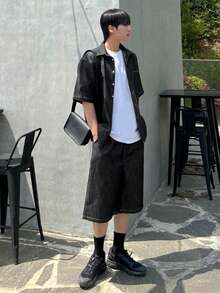 DAZY Short Sleeve & Shorts Black Denim Outfit, Lightweight Textured Fabric For Men Summer - Black - View 3
