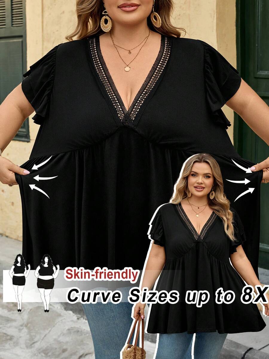 SHEIN CURVE+ 大码女式V领蕾丝拼接短袖荷叶边下摆T恤 - 黑色 - 查看 1