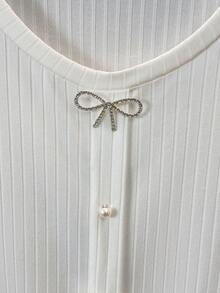 GlowEve Women's Elegant Elegant Daily/Office Commute Solid Ribbed Knit Short Sleeve T-Shirt With Rhinestone Bow Decor - White - View 7