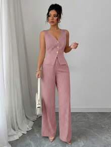 SHEIN Elenzya Bộ vest nữ màu xanh hải quân và trắng kẻ sọc, thiết kế chữ A thắt eo, áo vest không tay kẻ sọc thanh lịch, phù hợp cho đi làm hàng ngày, phong cách công sở cổ điển, thích hợp cho mùa hè, ngày Quốc khánh, lễ tốt nghiệp, tựu trường. Phiên bản mùa thu có điểm nhấn là cúc kim loại, tinh tế và sang trọng, phù hợp cho trang phục công sở, đi làm, thời trang đường phố, phong cách lãng mạn Pháp, thường ngày, phong cách cổ điển Trung Đông, tiệc trà chiều, tiệc tùng, Lễ Tạ ơn, tựu trường và trang phục mùa xuân/hè. - Hồng - Xem 5