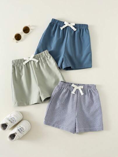 SHEIN Set de 3 pantalones cortos casuales de cintura elástica a cuadros, de unicolor y a rayas, para bebé/niño pequeño unisex, suaves y cómodos para el verano