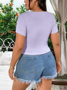 Easura Plus Size Women's Solid Color Round Neck Short Sleeve Cutout Design Casual T-Shirt - Mauve Purple - View 2