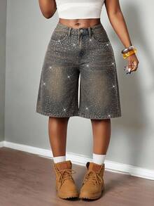 SHEIN Slayr Quần short denim nữ mùa hè kiểu dáng thường ngày, đính đá lấp lánh. - Rửa trung bình - Xem 5