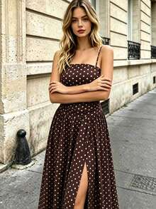 SHEIN Tall Đầm hai dây chấm bi đen cho nữ, trang phục thanh lịch cho kỳ nghỉ xuân và hè, phù hợp cho cả tiệc tùng và mặc thường ngày. - Nhiều màu - Xem 3