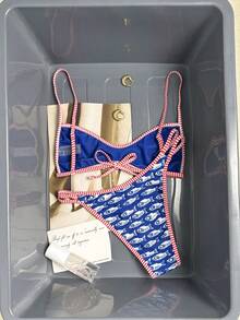 Swim Mod Conjunto de bikini de 2 piezas de ropa de playa casual de verano para mujer con estampado de rayas y peces de unicolor, con tirantes ajustables y reversible - Multicolor - Ver 2