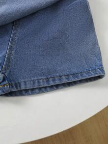 SHEIN Elladie kids 2件套女童夏季新款杏色针织面料领口拼接爱心装饰背心上衣和牛仔短裙，荷叶边刺绣樱桃花卉复古可爱套装 - 彩色 - 查看 4