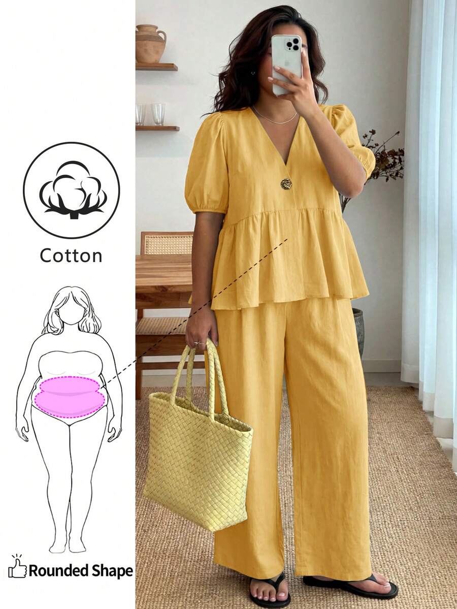 Enliva Plus-Size Women's Ruffled Puff Sleeve Two Pieces Set, V-Neck Cardigan Top And Stretch Waist Trousers Set - Yellow - View 1