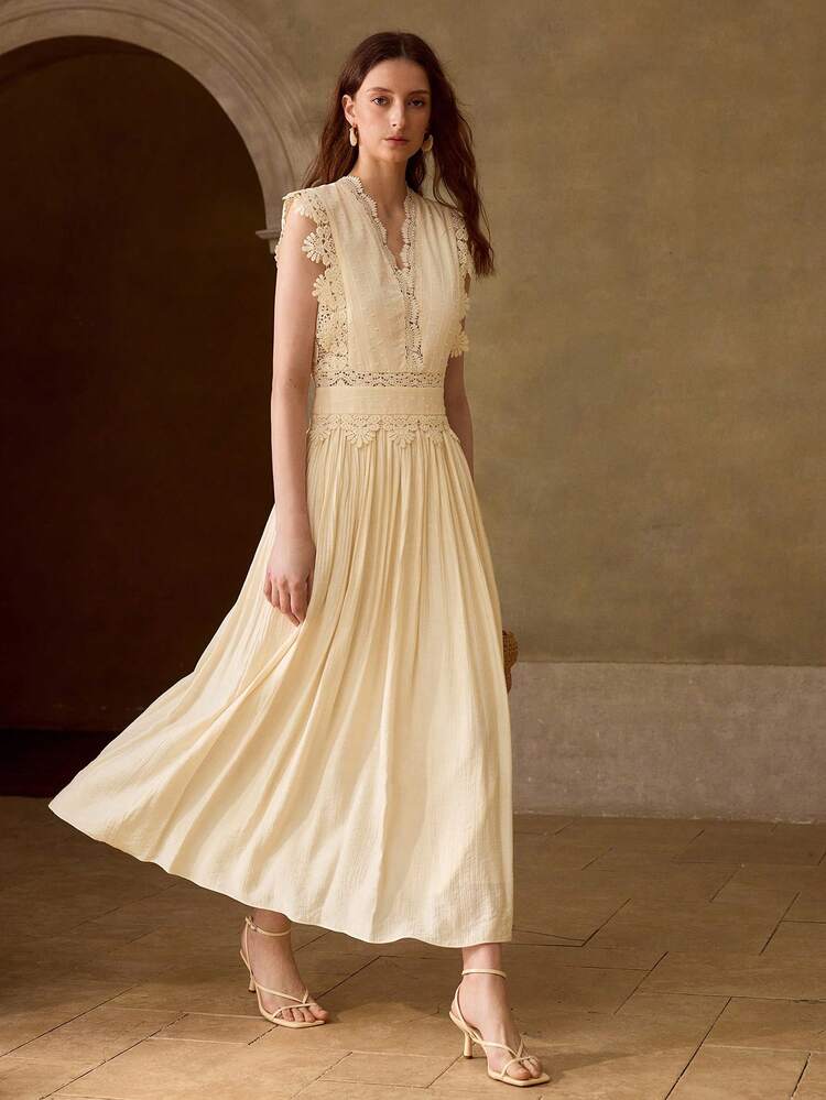 WOMEN'S APRICOT EYELET EMBROIDERY PATCHWORK LACE V-NECK SLEEVELESS DRESS, CASUAL & DATE WEAR, SPRING/SUMMER
