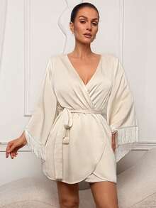 Livesso Women Tassel Cuff Robe & Shorts Sleepwear Set - White - View 3