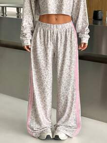 SHEIN EZwear 豹纹针织宽松弹力腰阔腿运动裤 - 彩色 - 查看 4