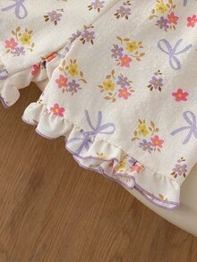 Genkimix Kids Bộ đồ ngủ cho bé gái tuổi teen, họa tiết quả anh đào với viền bèo nhún, áo tay ngắn và quần short thanh lịch, thoải mái và thời trang. - Màu tím hoa cà - Xem 6