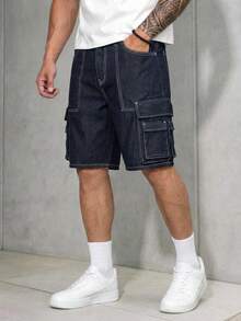 GENTILAND Men's Blue Denim Cargo Shorts Modern Casual Bermuda Length With Zippered Pockets And Stylish Contrast Stitching - Blue - View 1