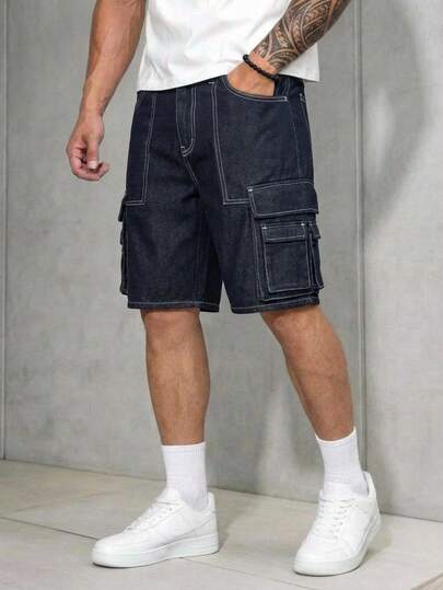 GENTILAND Men's Blue Denim Cargo Shorts Modern Casual Bermuda Length With Zippered Pockets And Stylish Contrast Stitching