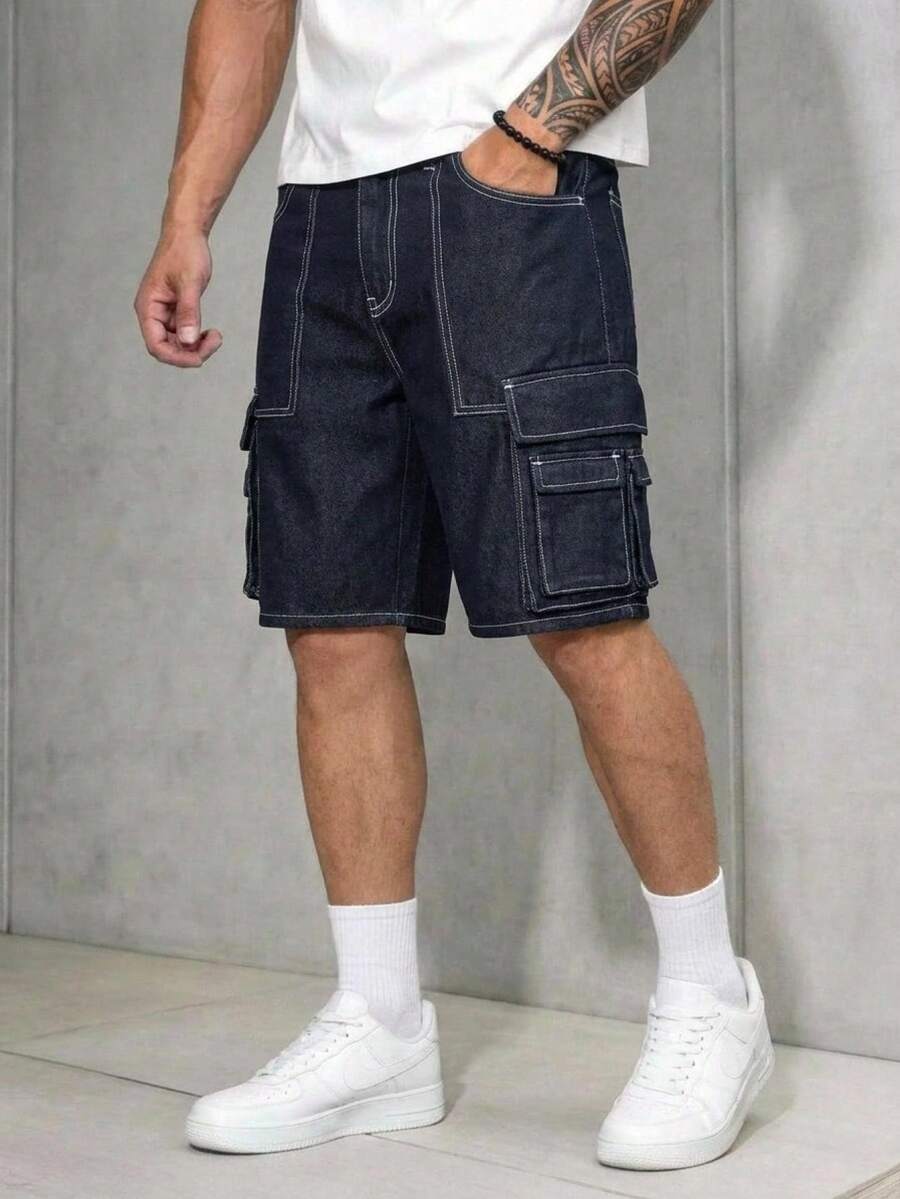 GENTILAND Men's Blue Denim Cargo Shorts Modern Casual Bermuda Length With Zippered Pockets And Stylish Contrast Stitching - Blue - View 1