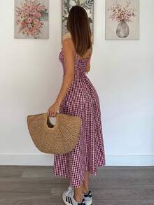 Siren Gaze Đầm midi hai dây kẻ caro nữ, thắt nơ phía trước, xẻ tà bên hông. - Màu Đỏ Sâu - Xem 4