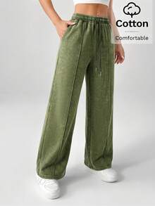 SHEIN PETITE Snow-Washed Women's Drawstring Wide Leg Sweatpants - Olive Green - View 6