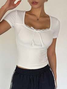 DAZY 女士方领短袖修身T恤可爱上衣夏季 - 白色 - 查看 4