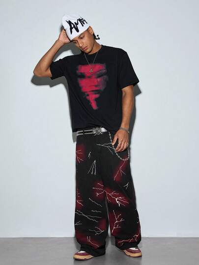 Modcrash 1pc American Street Style Men's Hand-Painted Wide Leg Jeans, Loose & Comfortable High Street Casual Wear Denim Pants, Suitable For All Seasons (Product Does Not Include Belt And Accessories)