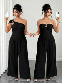 SHEIN Clasi Setelan Kasual 2 Potong Wanita Ukuran Besar Warna Polos dengan Hiasan Logam di Bahu dan Celana Panjang Lebar, Cocok untuk Olahraga, Musim Panas, Warna Cokelat. - Hitam - View 1