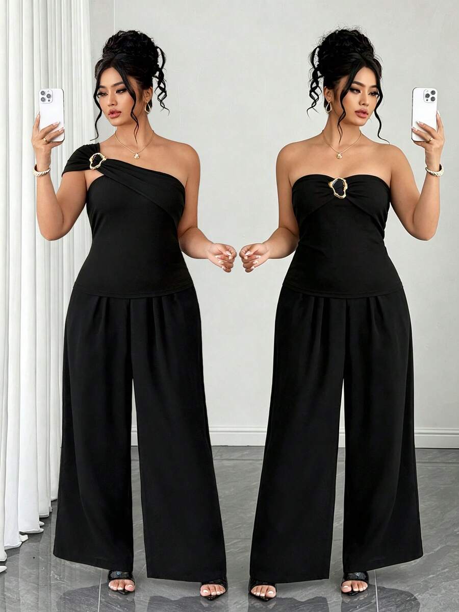 SHEIN Clasi Setelan Kasual 2 Potong Wanita Ukuran Besar Warna Polos dengan Hiasan Logam di Bahu dan Celana Panjang Lebar, Cocok untuk Olahraga, Musim Panas, Warna Cokelat. - Hitam - View 1