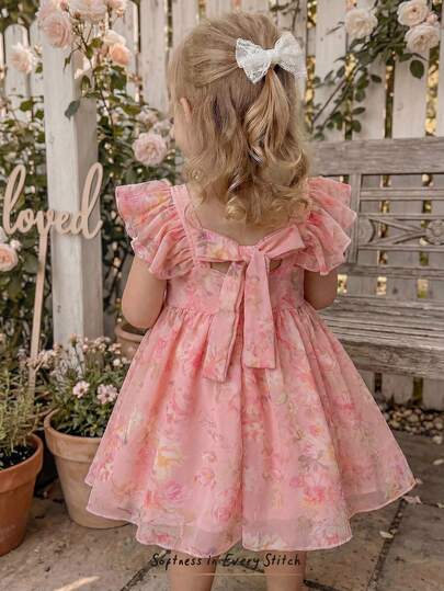 Cozy Pixies Đầm voan in hoa cho bé gái, cổ tròn, tay ngắn, eo.