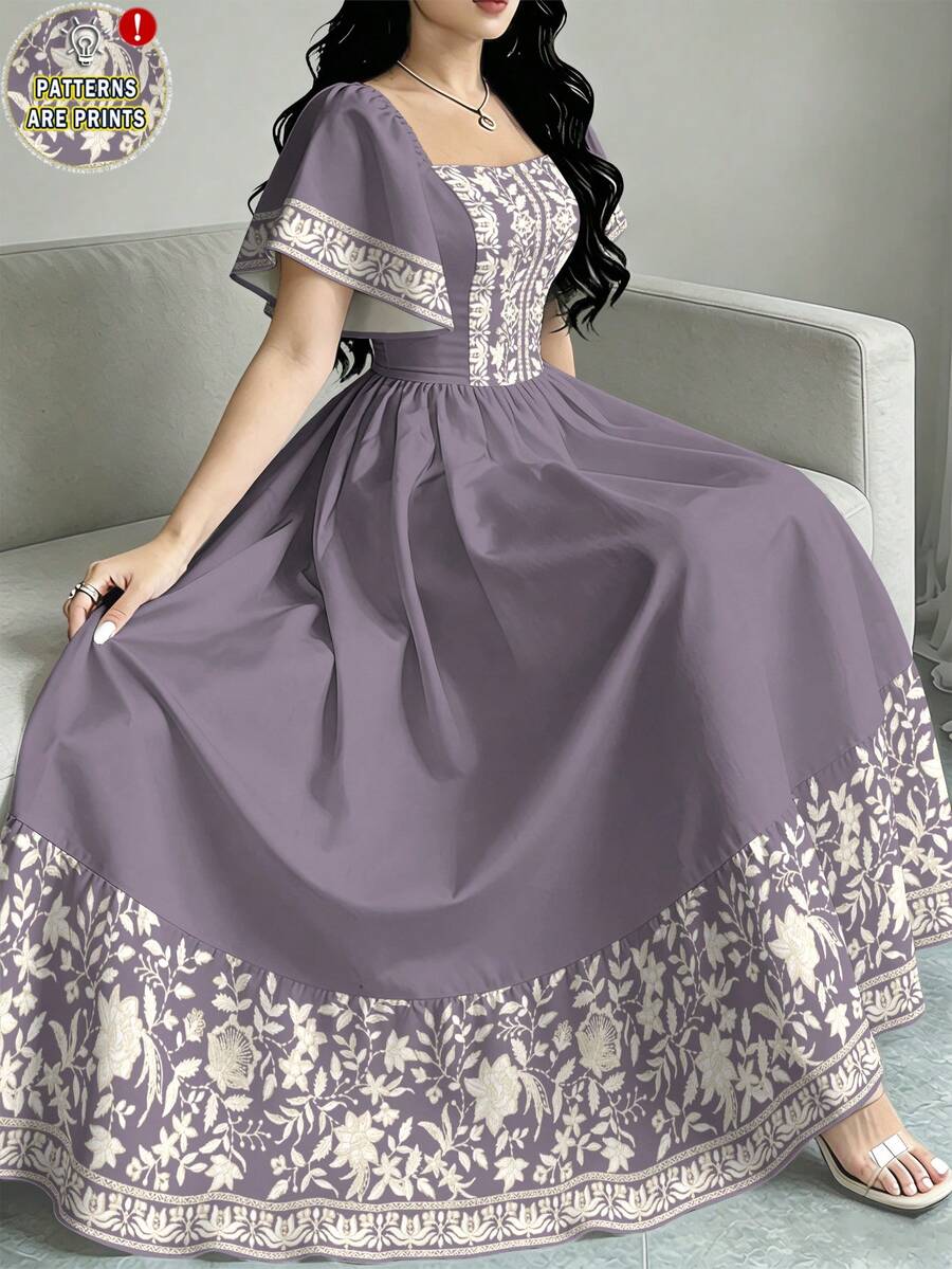 Modelyn 花卉复古印花优雅紫色连衣裙，女士时尚方领短袖连衣裙，荷叶边下摆设计，夏季度假风连衣裙 - 彩色 - 查看 1