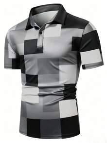 Calvornis Men's Fashionable Versatile Plaid Contrast Color Button Half Placket Short Sleeve Polo Shirt, Formal - Black and White - View 3