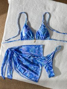 Costavie Women's Random Print Halter Metal Decor Mini Skirt 3-Piece Bikini Set, Spring/Summer - Multicolor - View 2