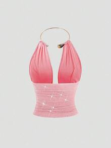SHEIN Sweetro Áo hai dây choker xếp ly, bóng bẩy, khoét sâu lưng, gợi cảm dành cho nữ, kiểu dáng thời trang, tôn dáng, thích hợp cho tiệc tùng, mùa xuân/hè. - Hồng - Xem 2