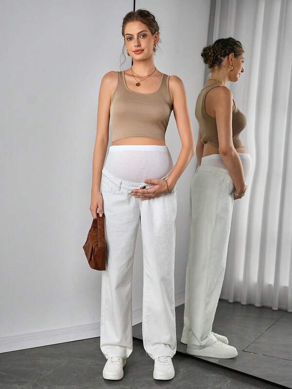 Momance Pantalon en jean blanc non extensible à la mode pour femmes enceintes
