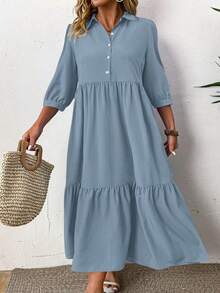 SHEIN LUNE Plus Size Solid Color Mid-Length Sleeve Ruched Front Button Simple Casual Dress, For Thanksgiving Maxi Women Outfit Fall - Dusty Blue - View 6