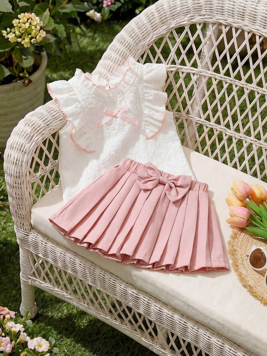 SHEIN Playful Pals 2件套女婴（0-3岁）优雅校服套装，包括短袖V领印花无袖上衣（带蝴蝶结）和格子荷叶边半裙，粉色。 - 粉色 - 查看 1