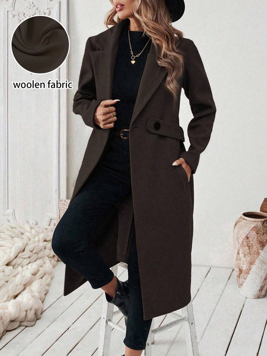 SHEIN Mantel Musim Dingin Halloween Musim Gugur/Dingin, Mantel Panjang Berkerah Lekukan Warna Cokelat Muda dengan Sabuk, Pakaian Musim Gugur untuk Wanita - Coffee Brown - View 1