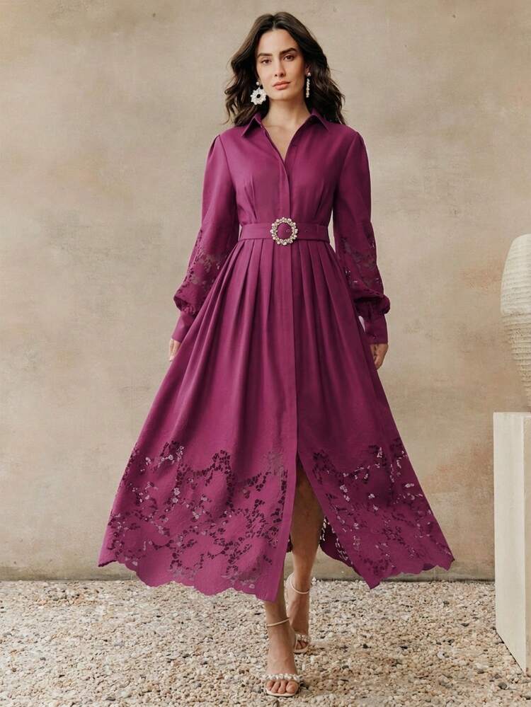 Women's New Fashionable Elegant Valentine's Day, Women's Day, Mother's Day, Birthday Date Hollow Embroidery Light Green Shirt Dress
