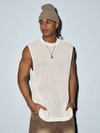 Modcrash Men's Lightweight Casual Loose Solid Color Basic Versatile Commute Vintage Sports Fitness Lazy American Street Style Crew Neck Sleeveless Knit Tank Top, Spring/Summer