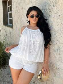 SHEIN SXY Bộ áo liền quần ren cổ yếm màu trắng gợi cảm - trắng - Xem 3