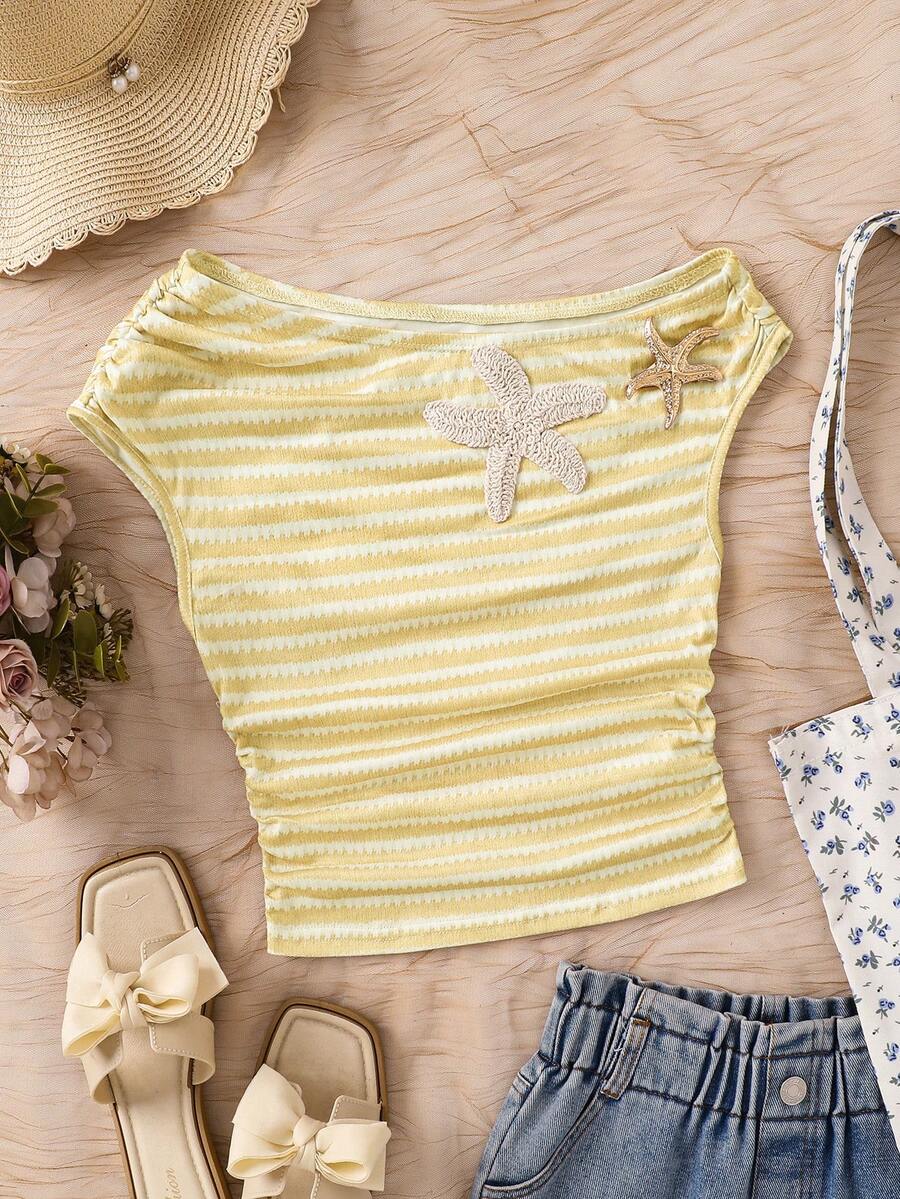 Emery Rose Kids Áo vest dệt kim kẻ sọc cho bé gái tuổi teen, kiểu dáng lệch vai, phong cách thường ngày. - Màu vàng - Xem 1