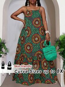 SHEIN CURVE+ Váy maxi dáng chữ A mỏng, yếm, cỡ lớn, in họa tiết cây xanh khắp thân váy, thích hợp cho kỳ nghỉ hè của nữ. - Nhiều màu - Xem 1