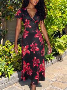 Slaydiva Black Elegant Sexy Women's Floral Dress Summer Beach Night Out Party Vacation Outfits Deep V-Neck Ruffled Short Sleeve Belt Tie A-Line Umbrella Dress - Multicolor - View 2