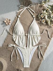 Swim SXY Women's Spring/Summer Jacquard Fabric Halter Beaded Bikini Set - Apricot - View 2
