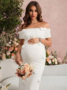 SHEIN Vestido elegante ajustado de maternidad con unicolor y aplicación en el hombro descubierto - Blanco - Ver 7
