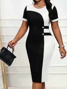 SHEIN Lady Plus Size Women Round Neck Color Block Waist Gathering Party Dress  Summer Dress Spring Dress - Black and White - View 5