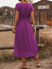 EMERY ROSE Women's Spring & Summer Bohemian Vacation Casual Shirred Waist Gathered Twist Back Ruffle Sleeve A-Line Midi Dress - Purple - View 2
