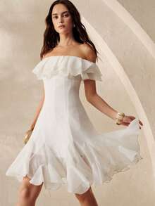 BELROSIE Women's New Solid Color Ruffled Elegant French Textured Chiffon Off Shoulder Hem Insert Dress - White - View 6