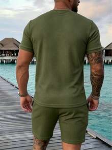 Genlund Olive Green Men's Summer Casual Vacation Holiday Sports Suit,Short Sleeve Top And Shorts Set,Soft Comfortable Fabric,Outdoor Fitness Birthday Gift - Army Green - View 2