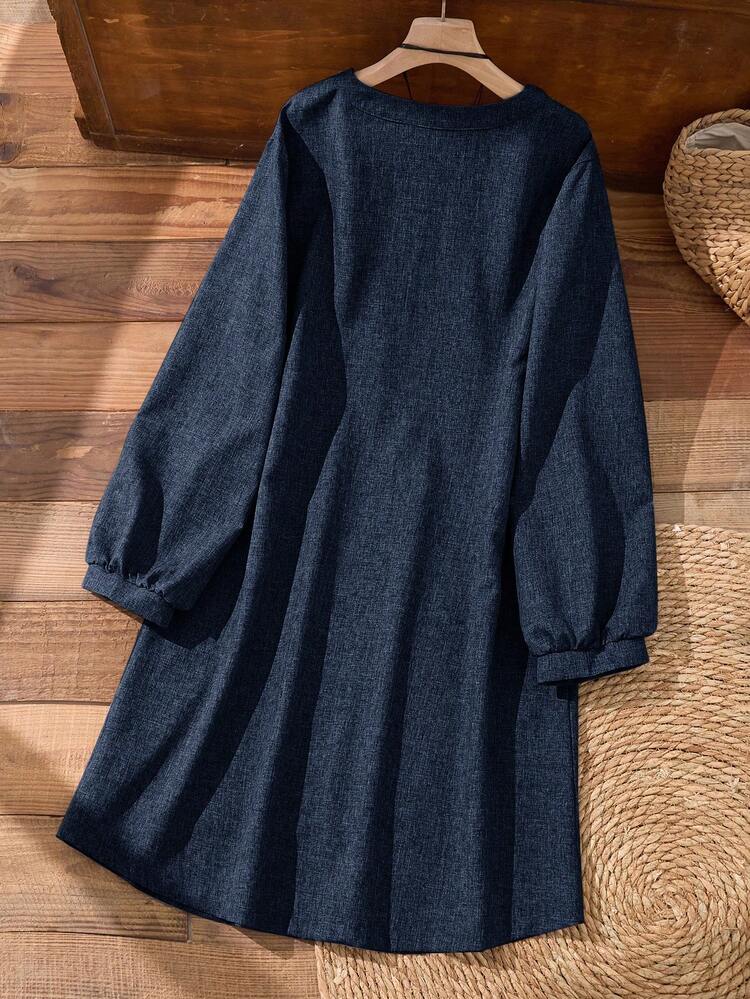Plus Size Women Solid Color Long Sleeve Button Design Casual Dress