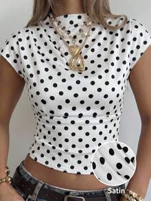 SHEIN EZwear Summer Business Women's Stand Collar Cap Sleeve White Base Polka Dot Fitted Blouse - Black and White - View 2