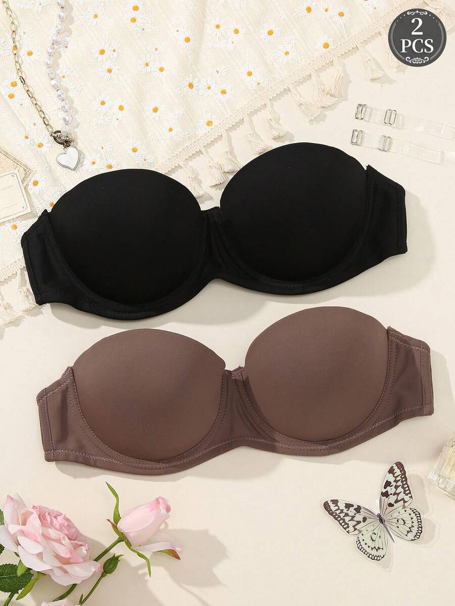 SHEIN 2pcs/Set Women Strapless Bra With Underwire - Multicolor - View 1