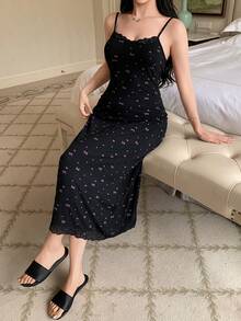DAZY Vestido de ajuste ceñido con tirantes finos, estampado de lazo y parches de encaje, ropa de dormir de verano para mujeres - Negro - Ver 6